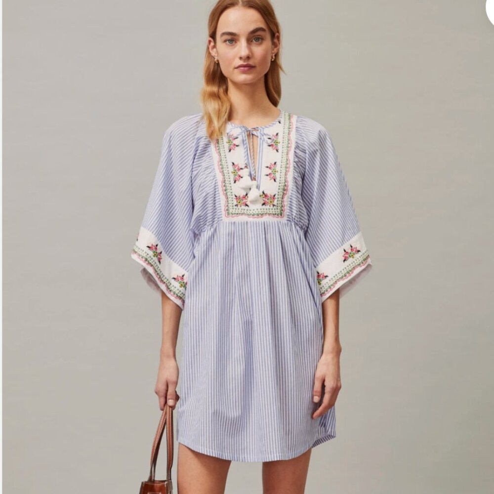 Tory Burch Embroidered Beach Tunic Small Swim Cover Up Beach Caftan Stripe